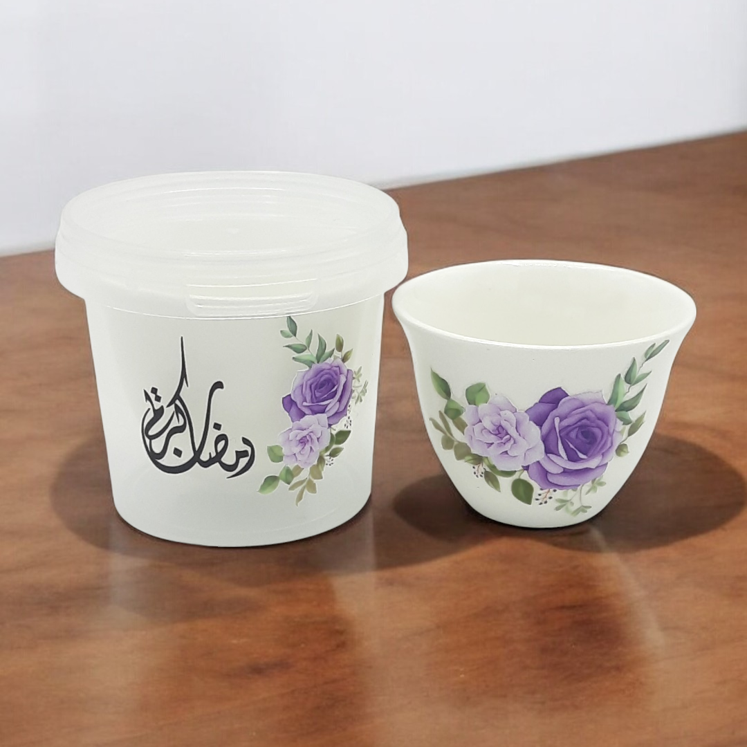 فنجان سيراميك للقهوة العربية مع طباعة فاخرة في علبة بلاستيكية مطبوع عليها Ceramic cup for Arabic coffee in Plastic Container with printing