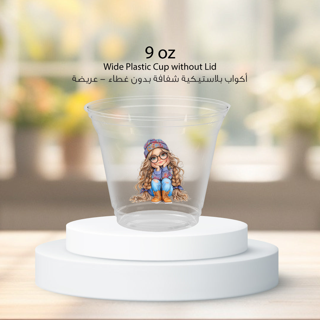 أكواب شفافة 9 اونس -بلاستيكية طباعة عريض بدون غطاء Plastic Cups -printing 9 Oz Wide without Lid