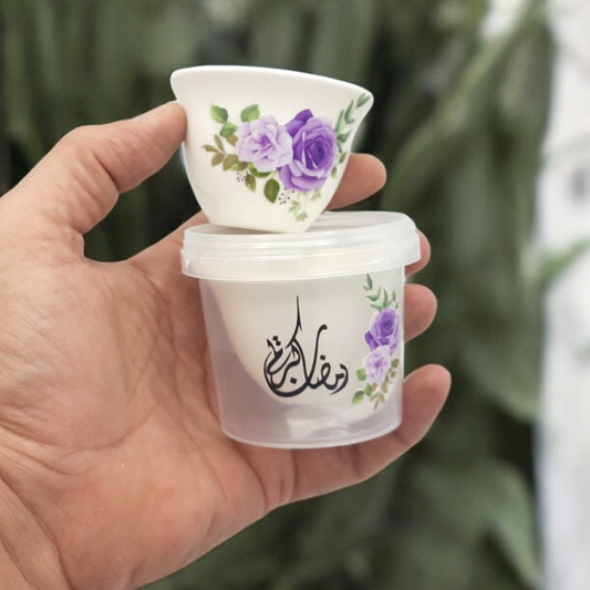 فنجان سيراميك للقهوة العربية مع طباعة فاخرة في علبة بلاستيكية مطبوع عليها Ceramic cup for Arabic coffee in Plastic Container with printing