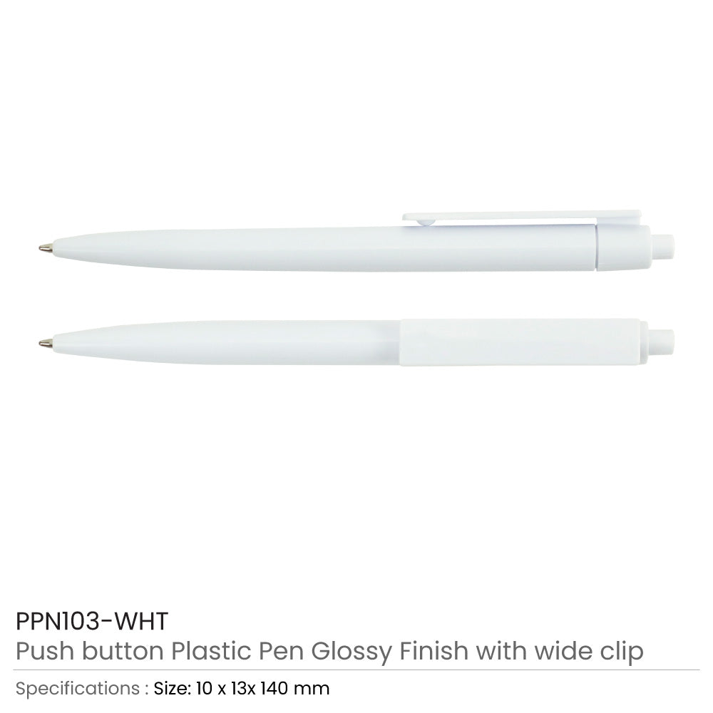 Plastic Pens White Color, Push Button, Wide Clip for Logo