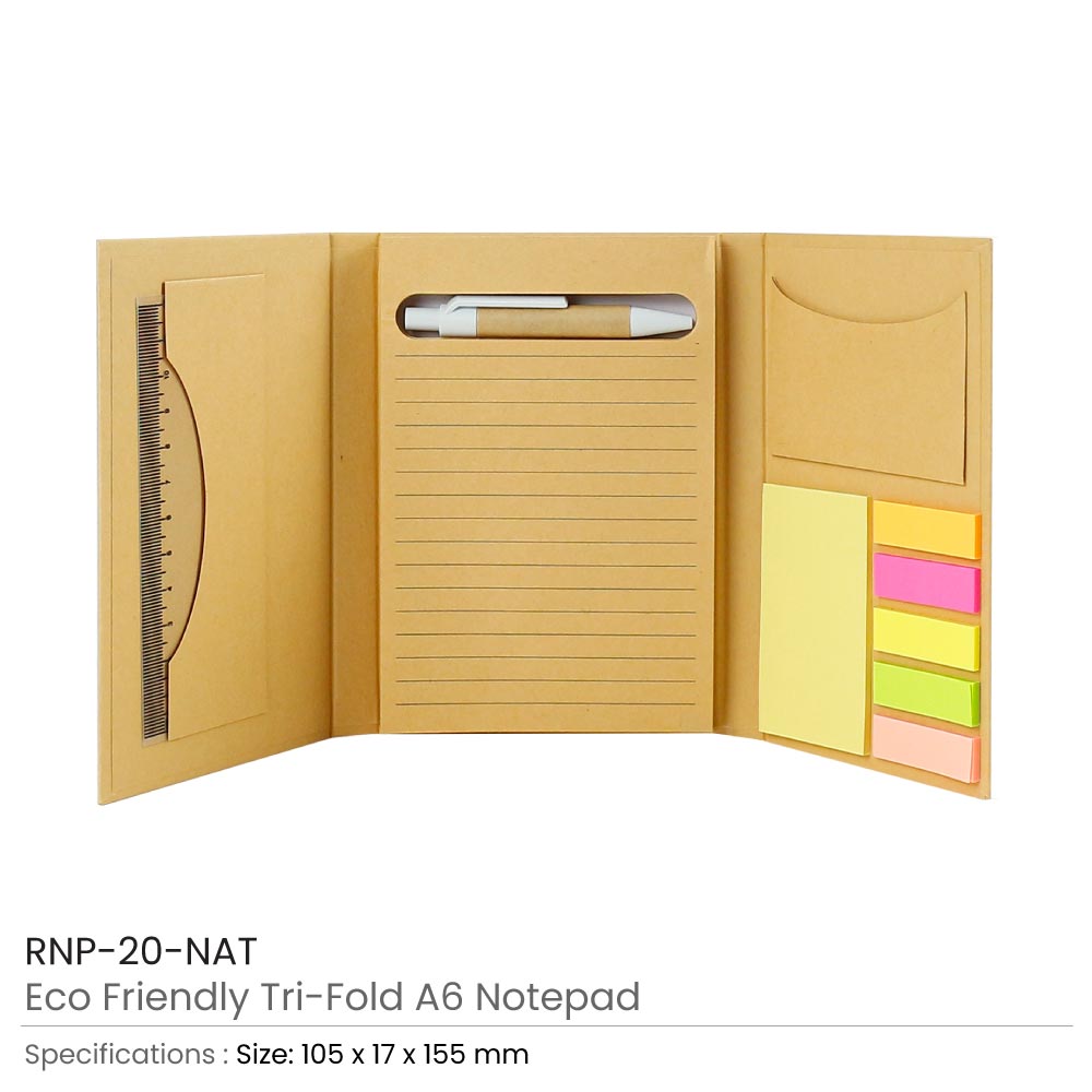 Tri-Fold Notepad with Sticky Notes, Pen, Card Slot and Ruler